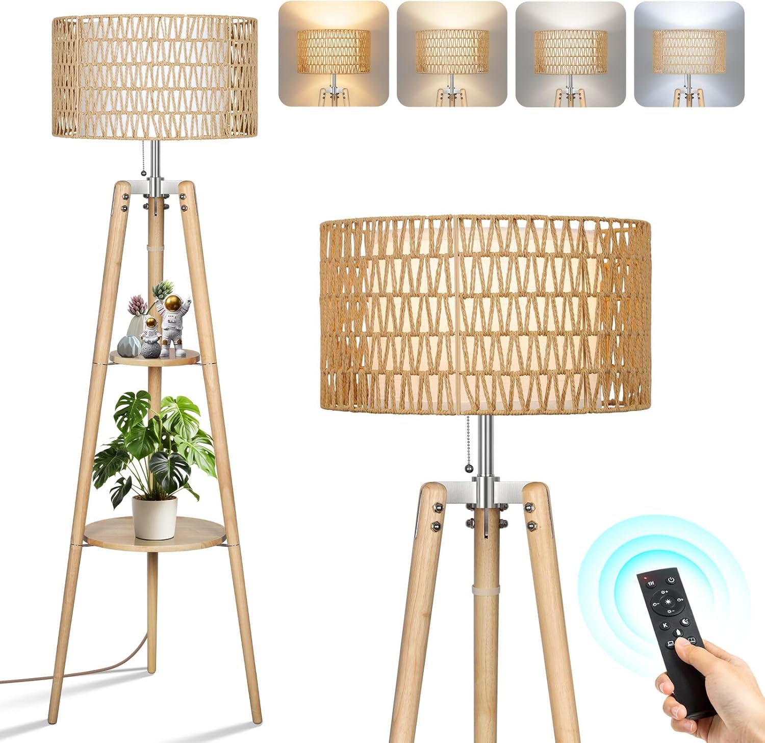 Wood Tripod Floor Lamp with Rattan & Linen