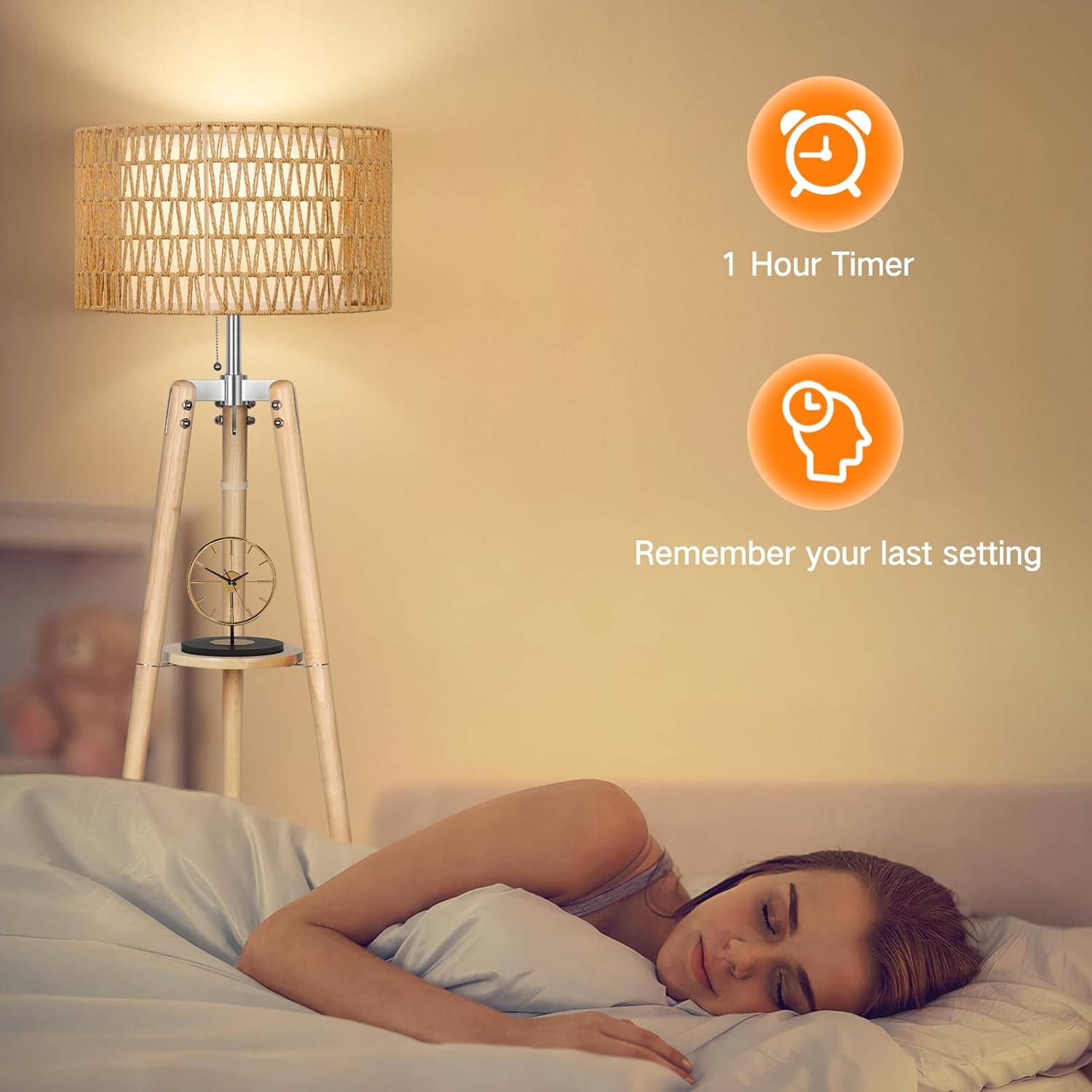 Wood Tripod Floor Lamp with Rattan & Linen - Image 3